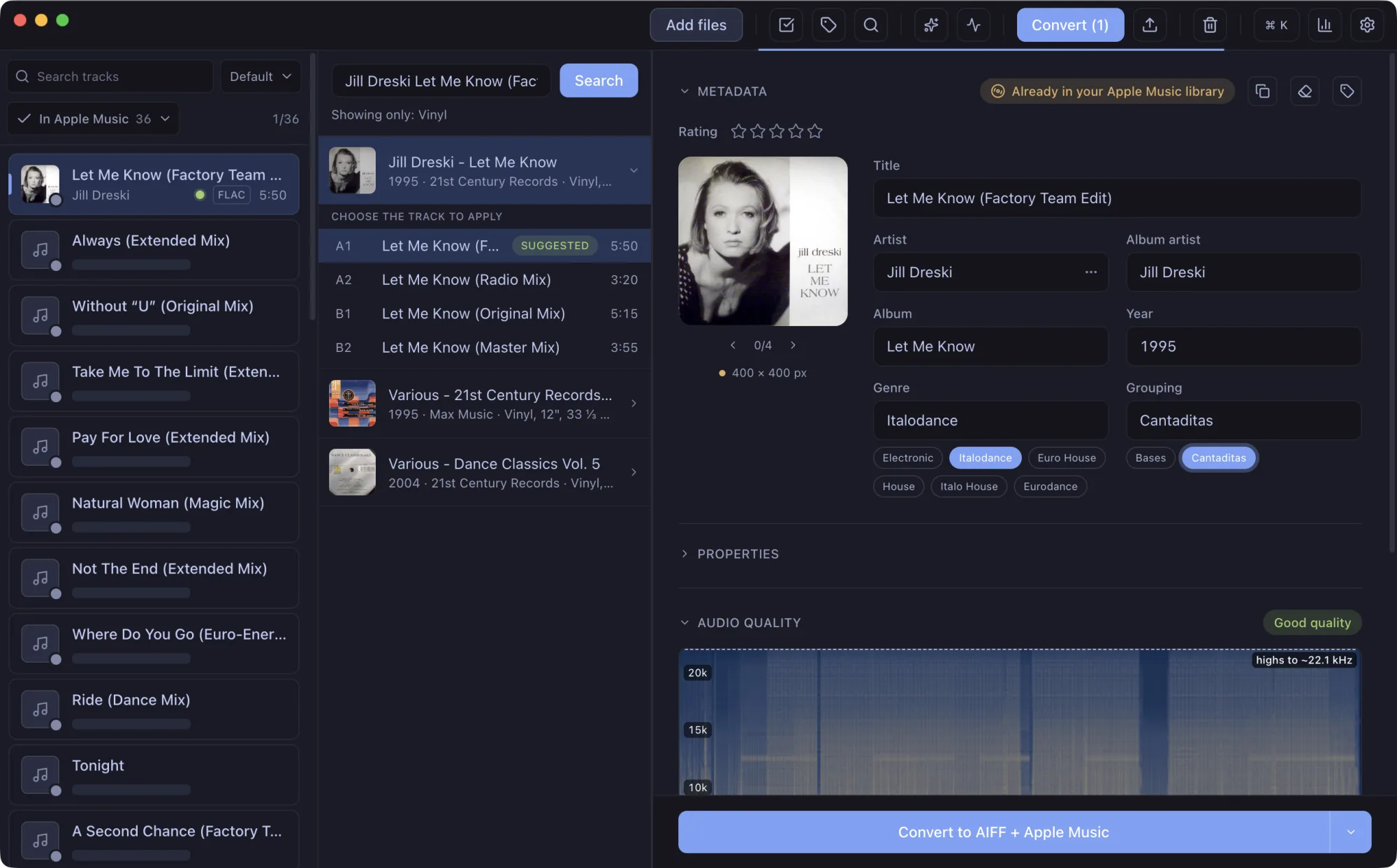 Surco on macOS: track list, Discogs match, metadata editor and quality analysis