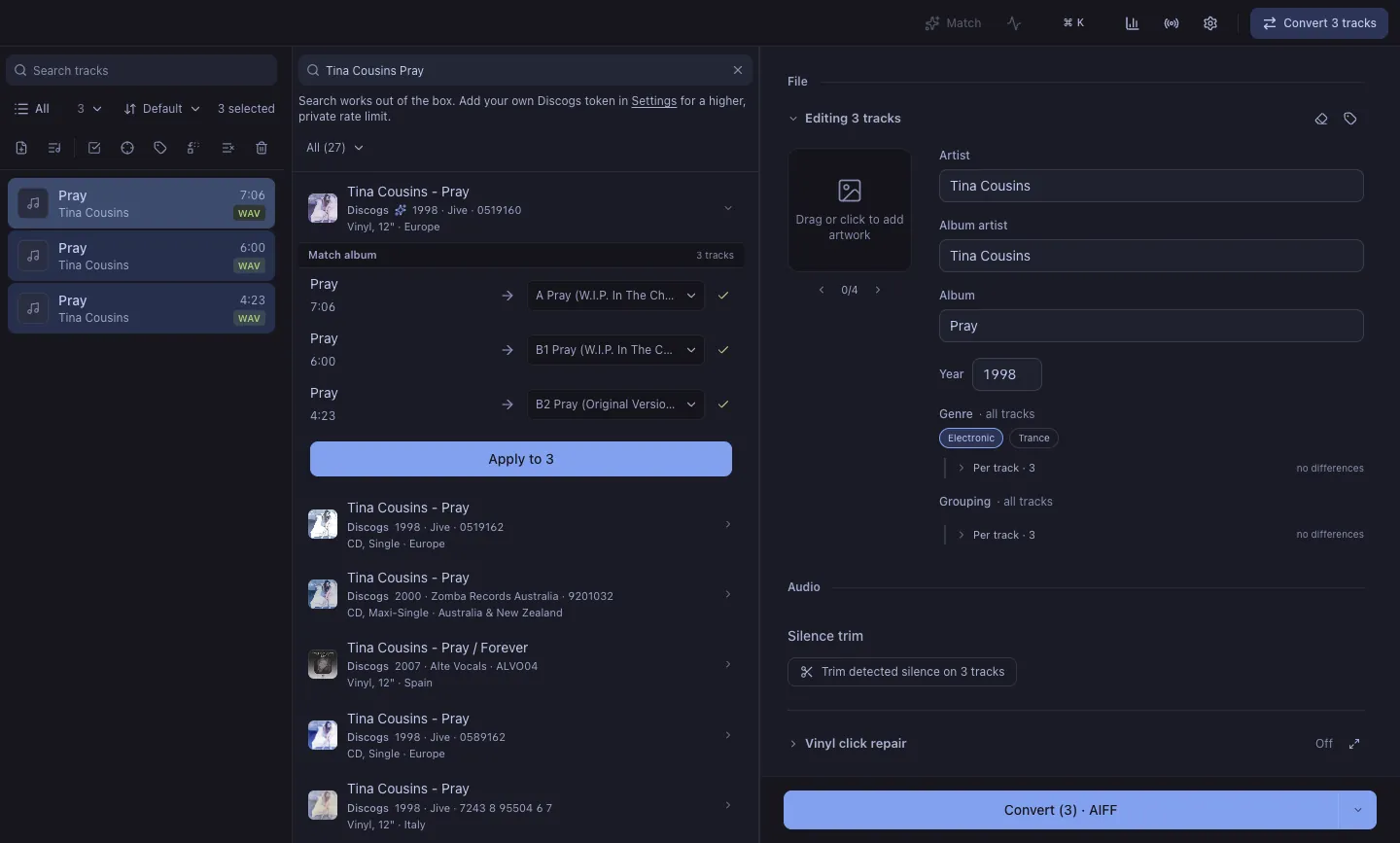 Assigning each file to its song and applying to all.