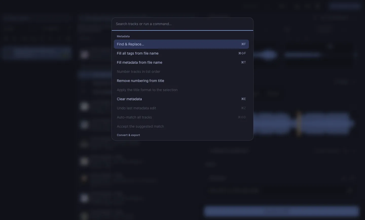 The command palette with search open.