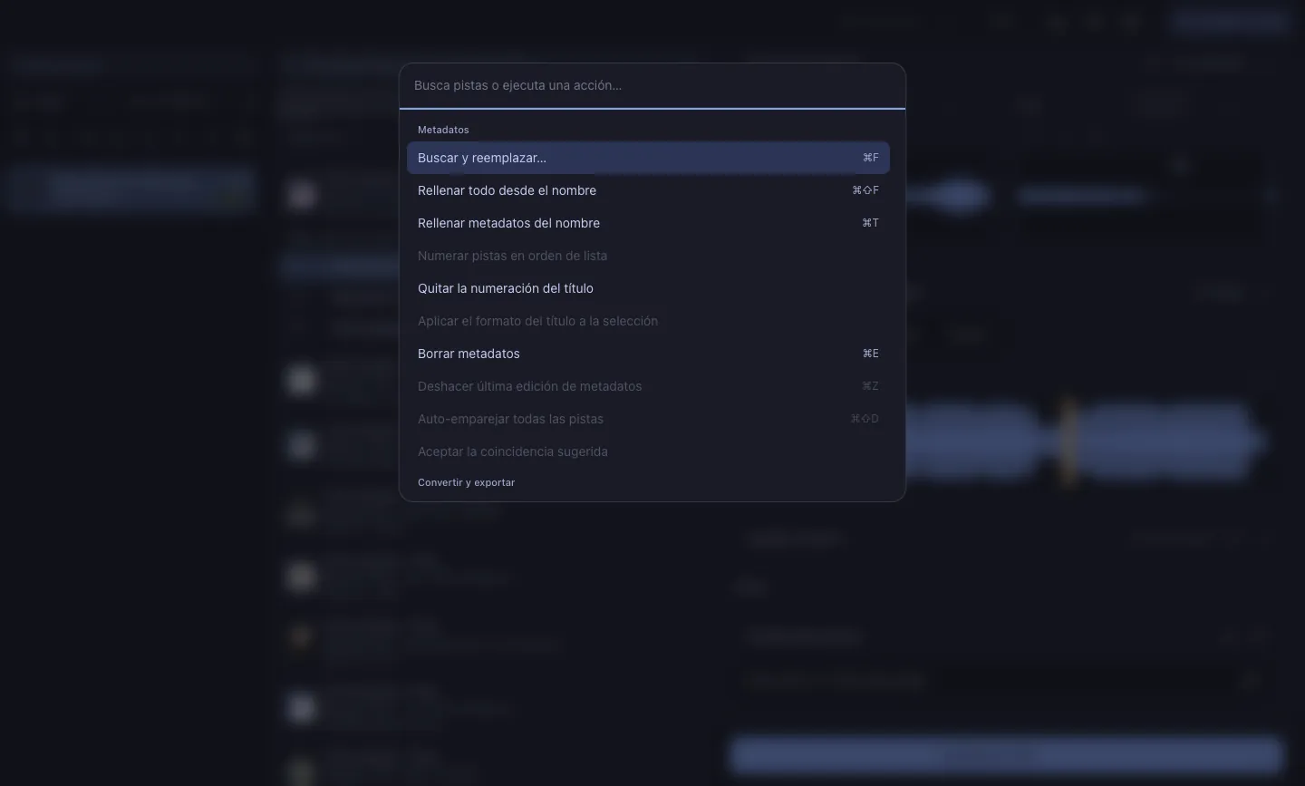 La paleta de comandos con la búsqueda abierta.