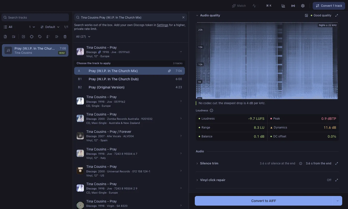 A track's spectrum with its quality verdict.