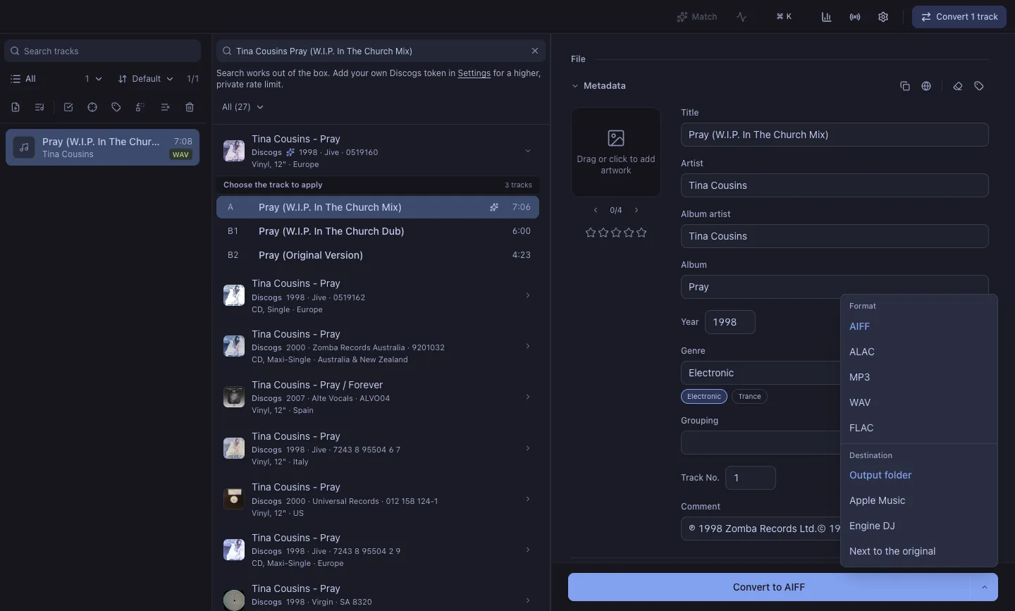 The convert button with its format picker.