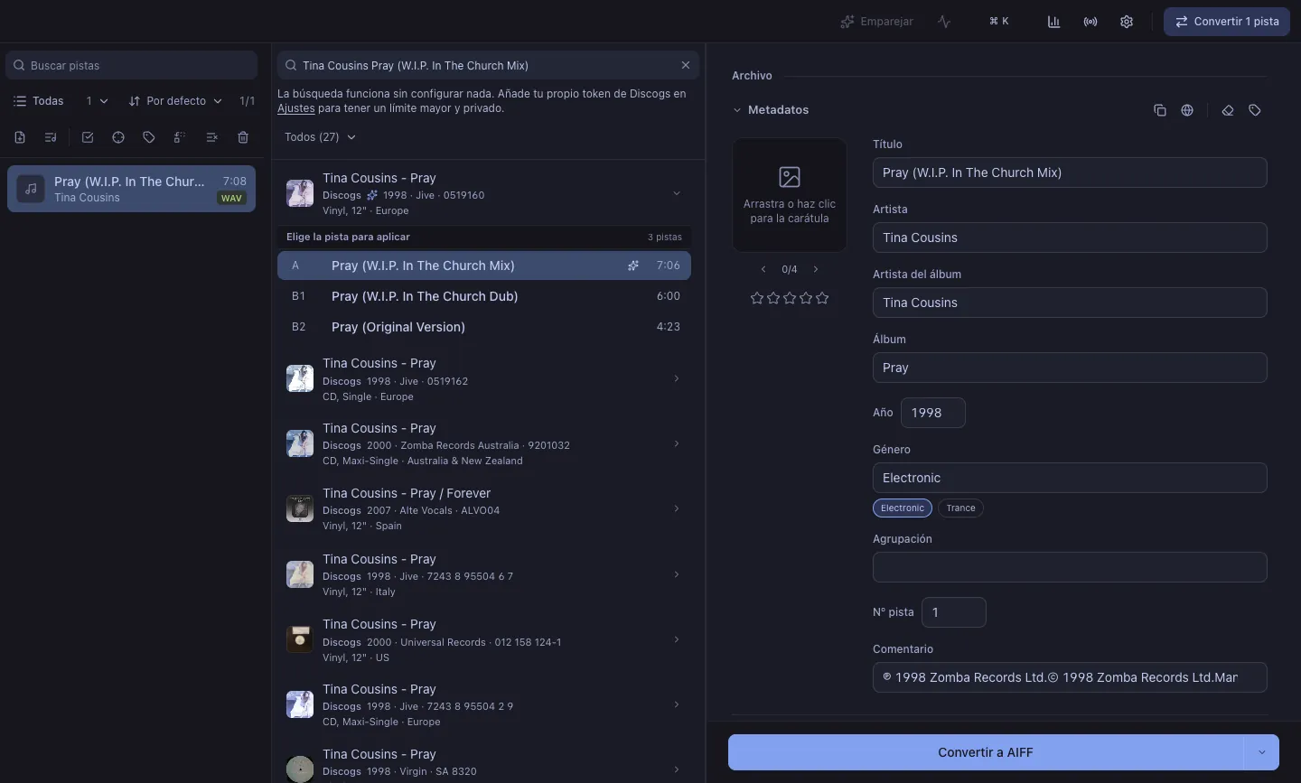 El editor de metadatos con las sugerencias de Discogs.