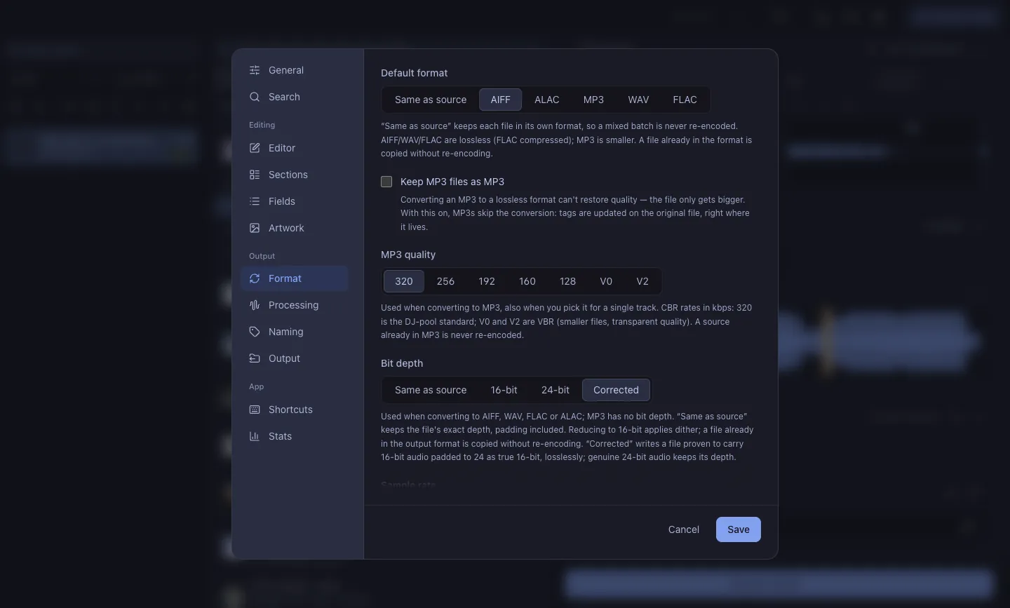 “Same as source” in the format picker.