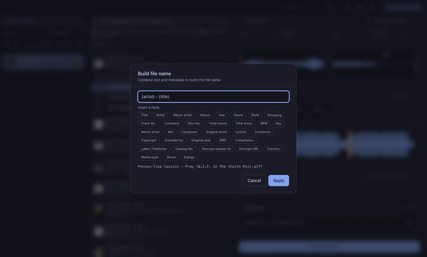 The filename template builder in Settings.